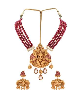 Gold Toned Earring & Necklace Set  With Kundan  & Ruby Red Semi Precious Beads 2