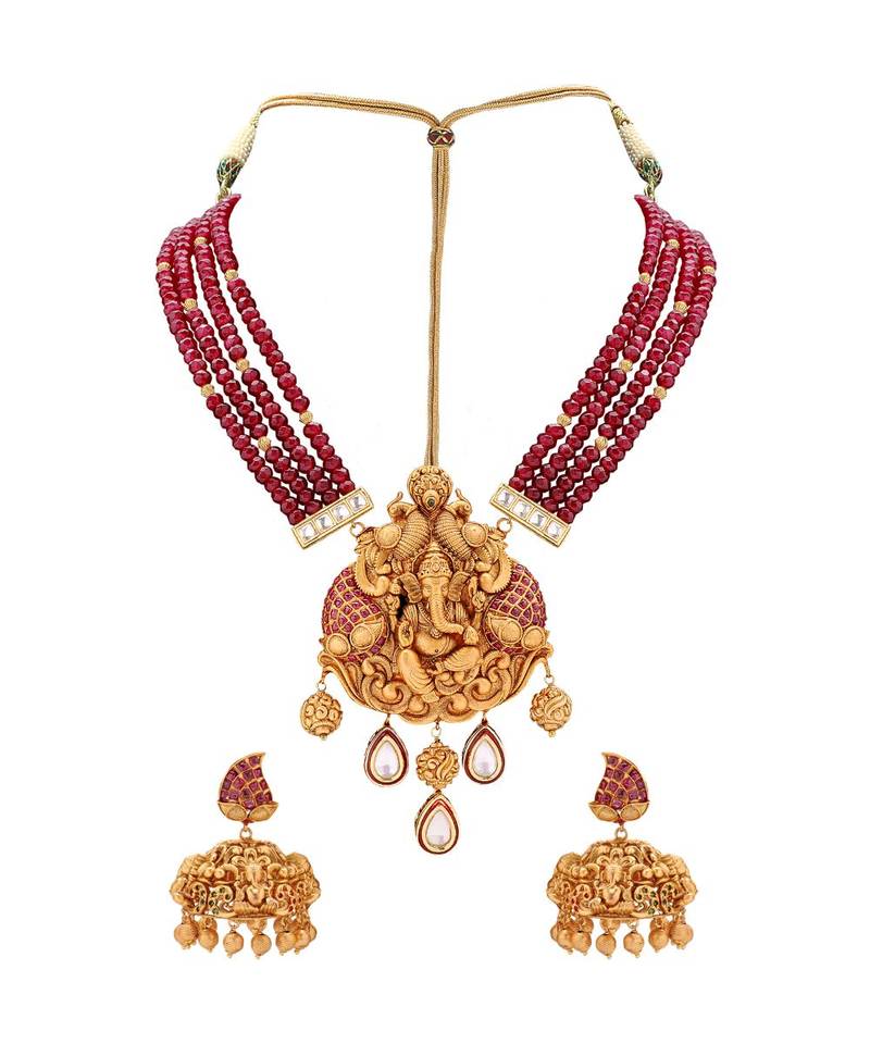 Gold Toned Earring & Necklace Set  With Kundan  & Ruby Red Semi Precious Beads