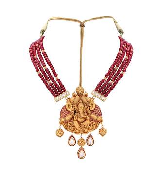 Gold Toned Earring & Necklace Set  With Kundan  & Ruby Red Semi Precious Beads 3