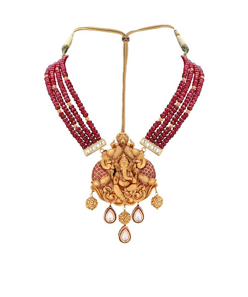 Gold Toned Earring & Necklace Set  With Kundan  & Ruby Red Semi Precious Beads