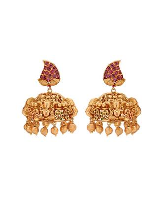 Gold Toned Earring & Necklace Set  With Kundan  & Ruby Red Semi Precious Beads 4