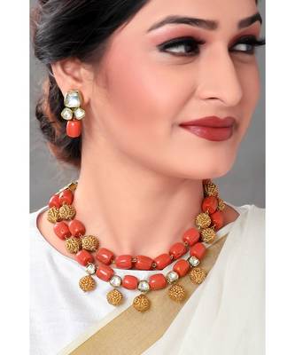 Earring & Necklace Set With Gold Toned & Corals  Beads 1