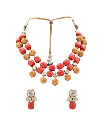 Earring & Necklace Set With Gold Toned & Corals  Beads 2