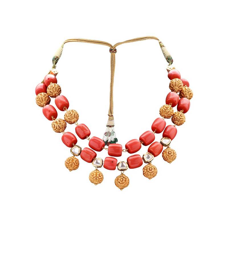 Earring & Necklace Set With Gold Toned & Corals  Beads