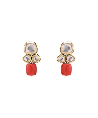 Earring & Necklace Set With Gold Toned & Corals  Beads 4