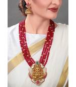 Divine Temple Gold Toned Necklace Set Layerd With Red Semi Precious Stones