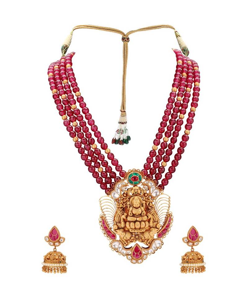 Divine Temple Gold Toned Necklace Set Layerd With Red Semi Precious Stones