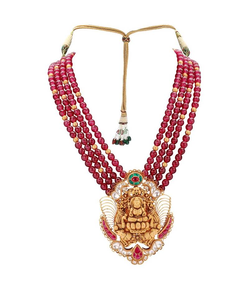 Divine Temple Gold Toned Necklace Set Layerd With Red Semi Precious Stones