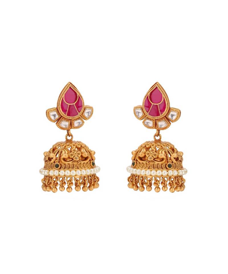 Divine Temple Gold Toned Necklace Set Layerd With Red Semi Precious Stones