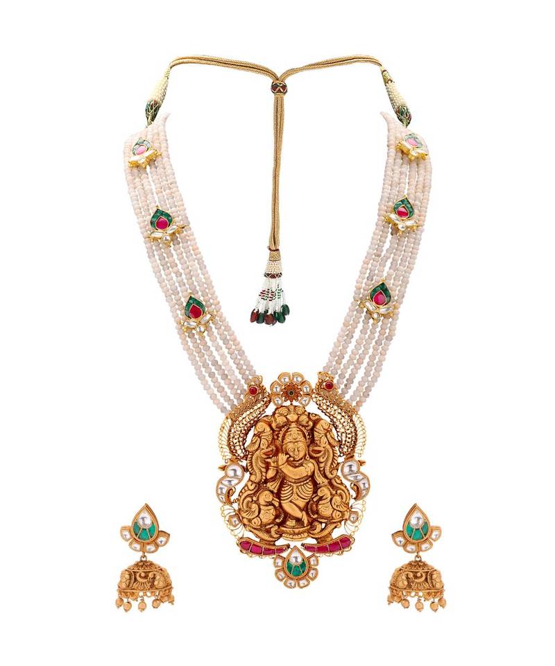 Elegant Earring & Necklace Set With Gold Toned Pendant & Semi Precious Stones Beads For A Touch Of Class