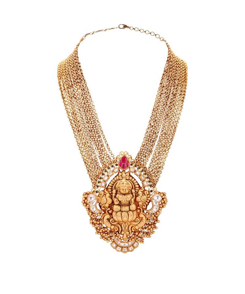 Traditional Gold Toned Necklace Set With Layered Chains For The Divine Touch