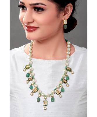 Classic Pearl Necklace Set With Enammeled Motifs & Green Beads 1
