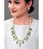 Classic Pearl Necklace Set With Enammeled Motifs & Green Beads