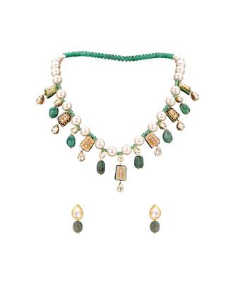 Classic Pearl Necklace Set With Enammeled Motifs & Green Beads 2
