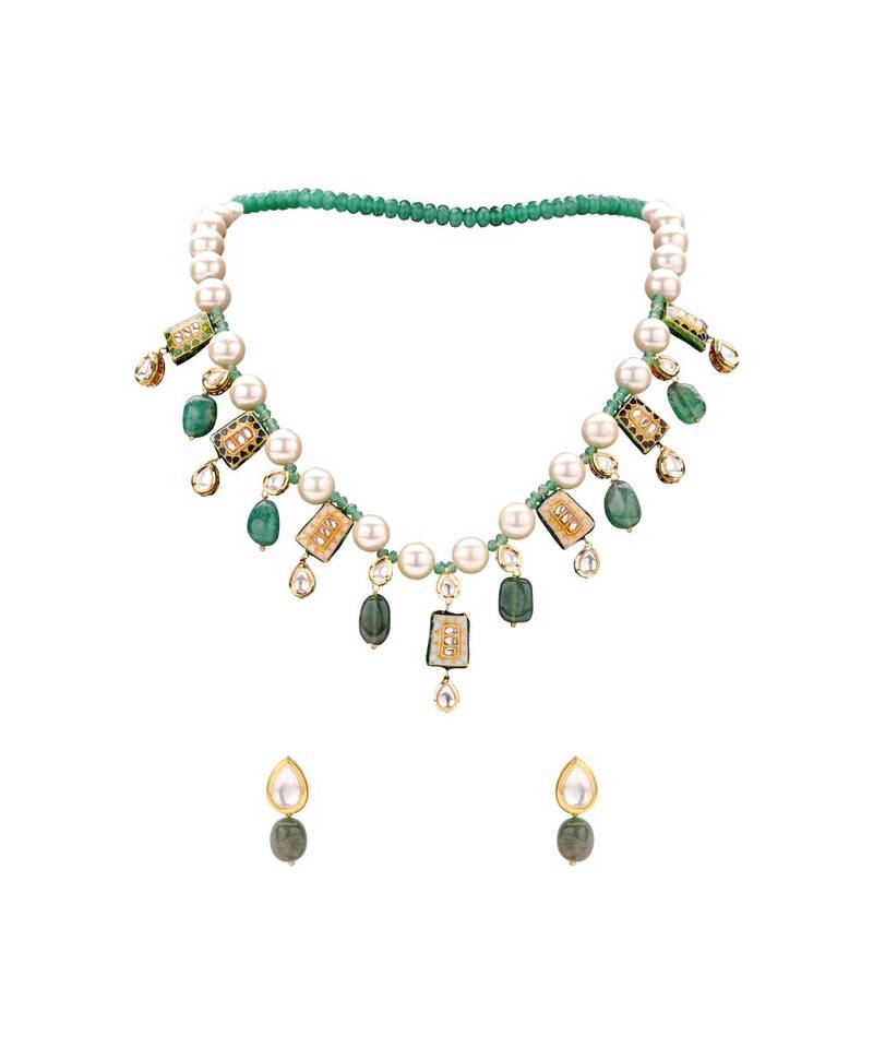 Classic Pearl Necklace Set With Enammeled Motifs & Green Beads