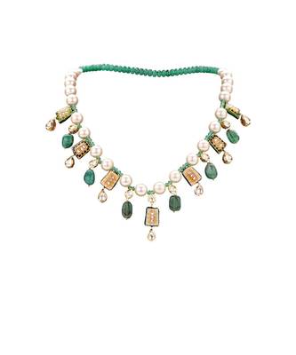 Classic Pearl Necklace Set With Enammeled Motifs & Green Beads 3