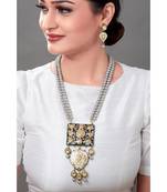 Luxe Earring & Necklace Set With Enamelling, Grey Pearls & Kundan