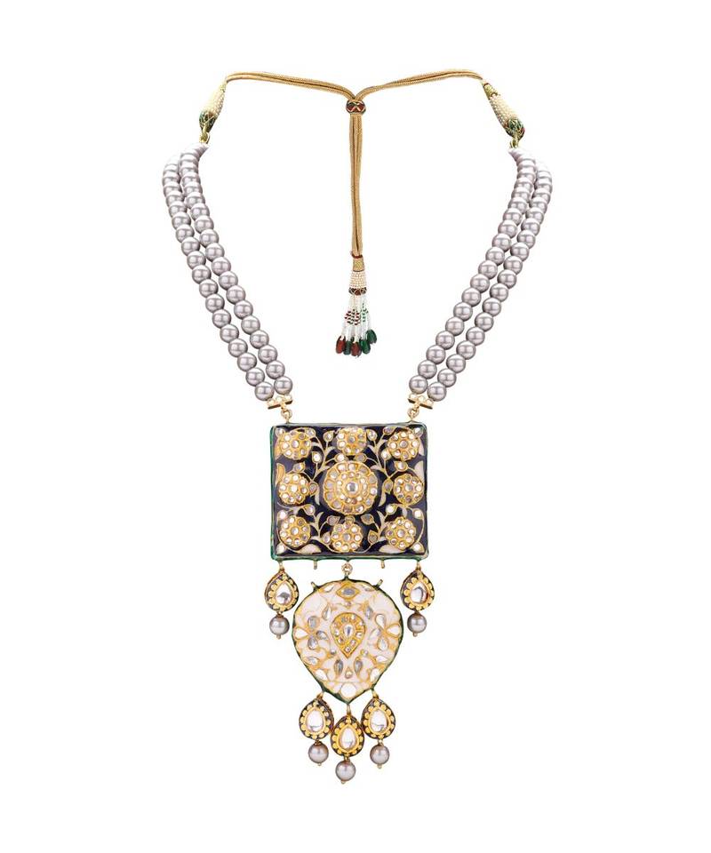 Luxe Earring & Necklace Set With Enamelling, Grey Pearls & Kundan