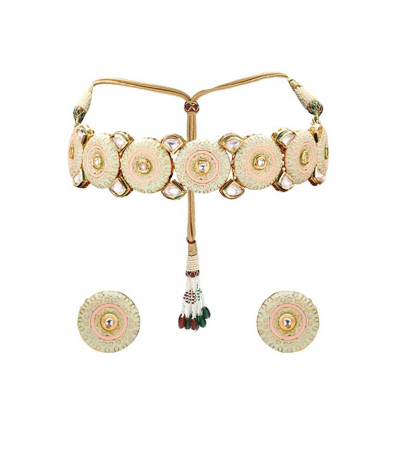 Traditioal Necklace Set With White Enamelling & Kundan