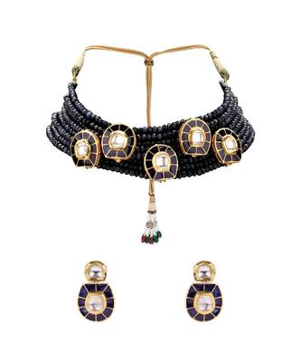 Gracelful Necklace Set With Blue Agate Beads & Kundan 2