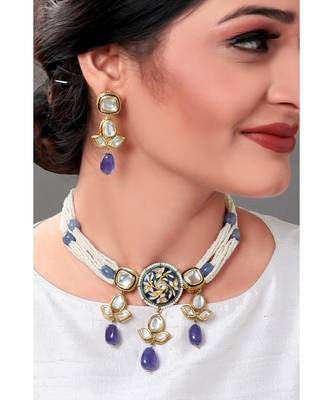 Sparkle Earring & Necklace Set Layered With Shel Pearl & Blue Agates 1
