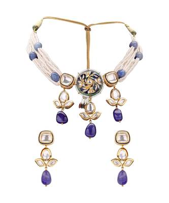 Sparkle Earring & Necklace Set Layered With Shel Pearl & Blue Agates 2