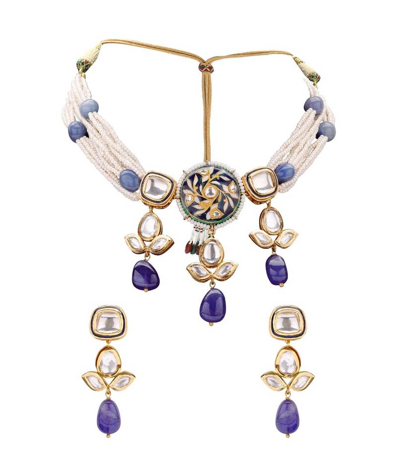 Sparkle Earring & Necklace Set Layered With Shel Pearl & Blue Agates