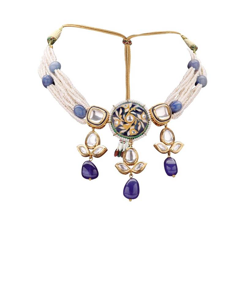 Sparkle Earring & Necklace Set Layered With Shel Pearl & Blue Agates