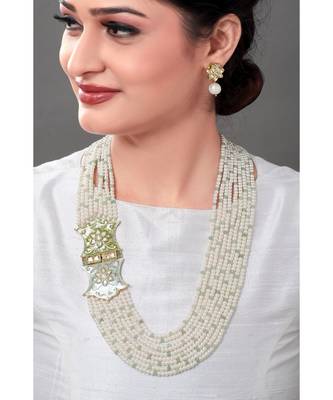 Classic White Pearl Earring & Necklace Set With Kundan & Enamelled Broach 1