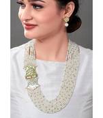 Classic White Pearl Earring & Necklace Set With Kundan & Enamelled Broach