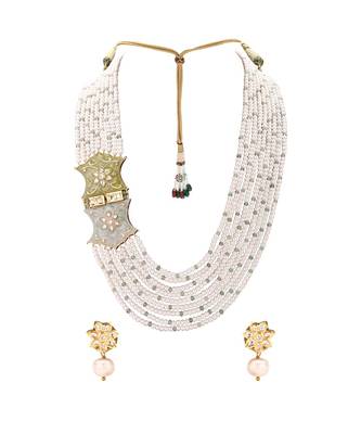 Classic White Pearl Earring & Necklace Set With Kundan & Enamelled Broach 2