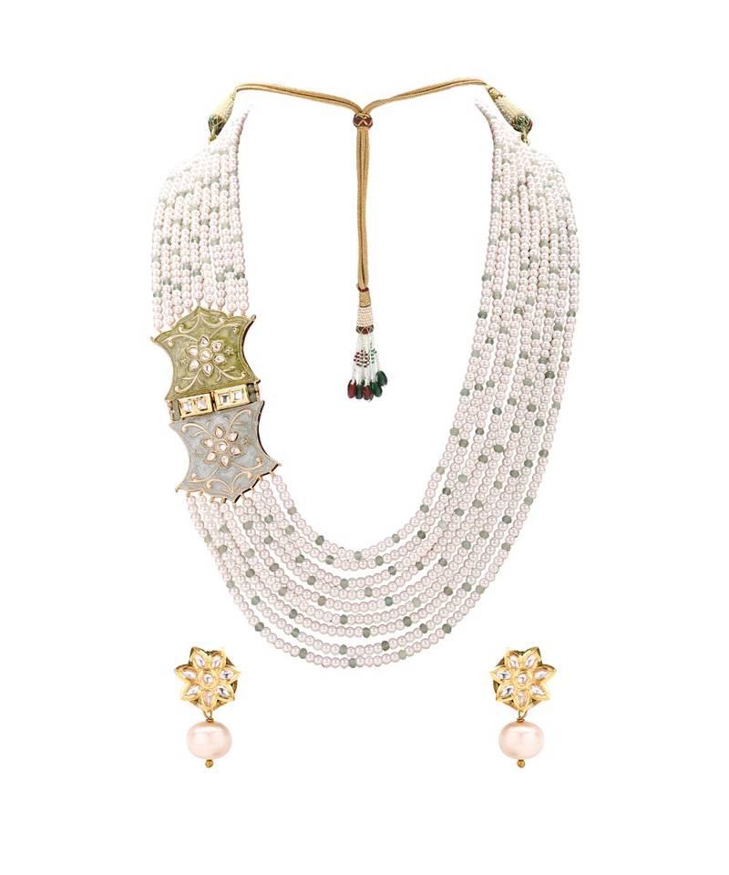 Classic White Pearl Earring & Necklace Set With Kundan & Enamelled Broach