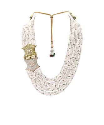 Classic White Pearl Earring & Necklace Set With Kundan & Enamelled Broach 3