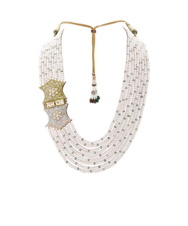 Classic White Pearl Earring & Necklace Set With Kundan & Enamelled Broach