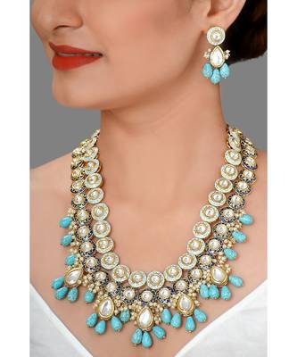 Weddiing Kundan Necklace Set With  Blue Turquoise &  Pearls 1