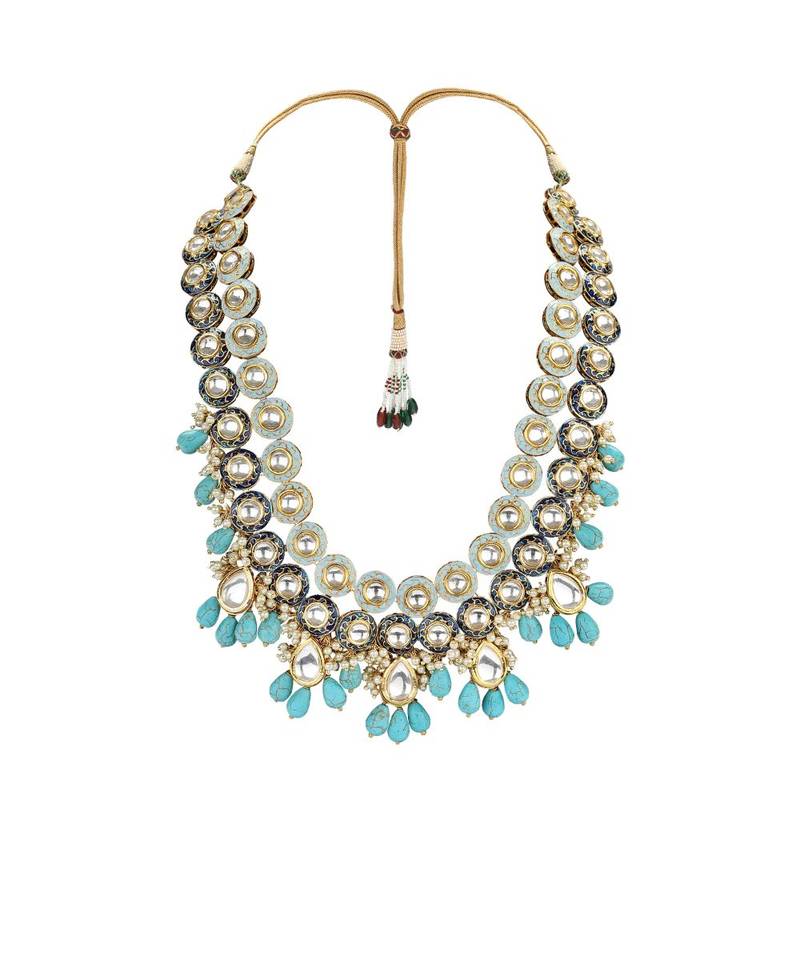 Weddiing Kundan Necklace Set With  Blue Turquoise &  Pearls