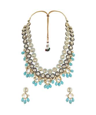Weddiing Kundan Necklace Set With  Blue Turquoise &  Pearls 3