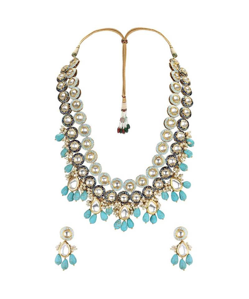 Weddiing Kundan Necklace Set With  Blue Turquoise &  Pearls