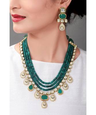 Glorious Green Festive Earring & Wedding Necklace Set  With Kundan 1
