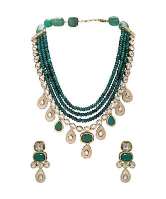 Glorious Green Festive Earring & Wedding Necklace Set  With Kundan 2