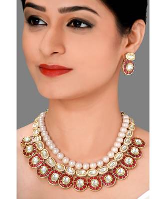 Festive Necklace Set  With Red Enamelling ,  Pearls & Kundan 1