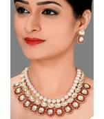 Festive Necklace Set  With Red Enamelling ,  Pearls & Kundan