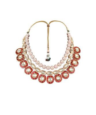 Festive Necklace Set  With Red Enamelling ,  Pearls & Kundan 2