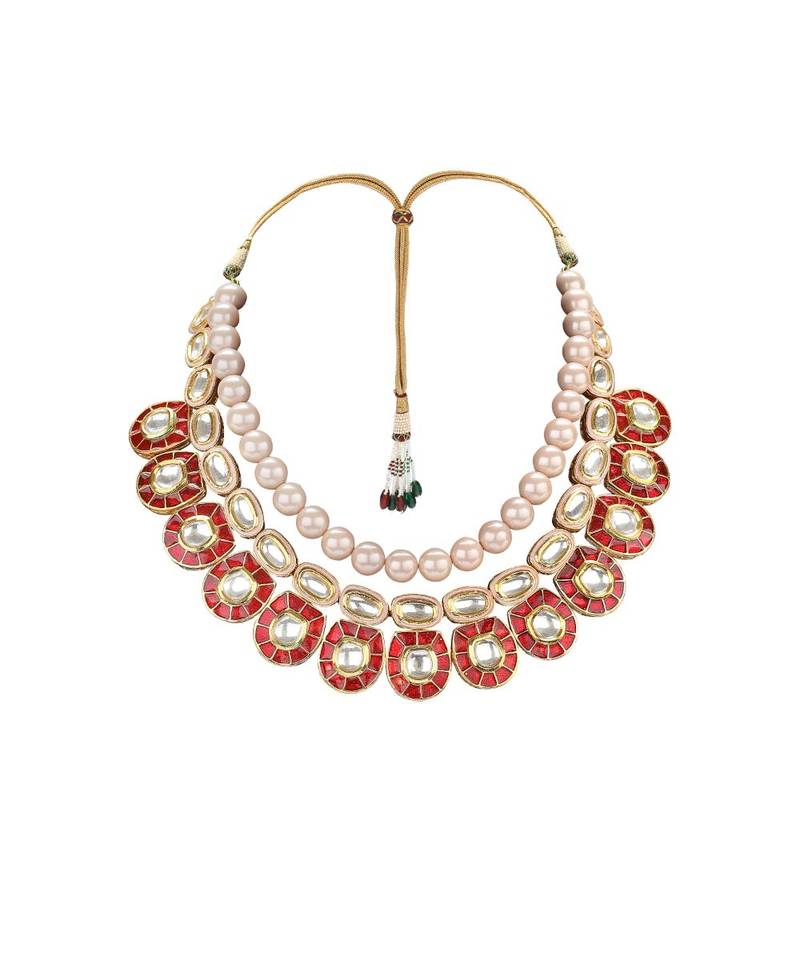 Festive Necklace Set  With Red Enamelling ,  Pearls & Kundan