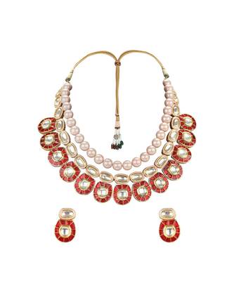 Festive Necklace Set  With Red Enamelling ,  Pearls & Kundan 3