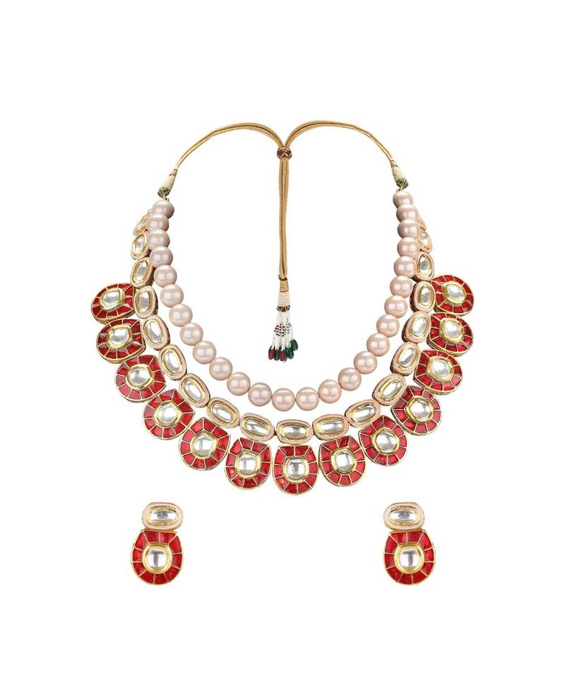 Festive Necklace Set  With Red Enamelling ,  Pearls & Kundan