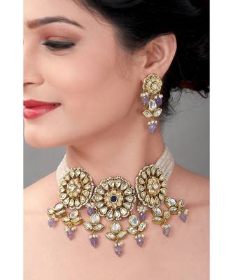 Wedding Kundan Choker & Earing Set With Amethyst Drops & Semi Precious Beads 1