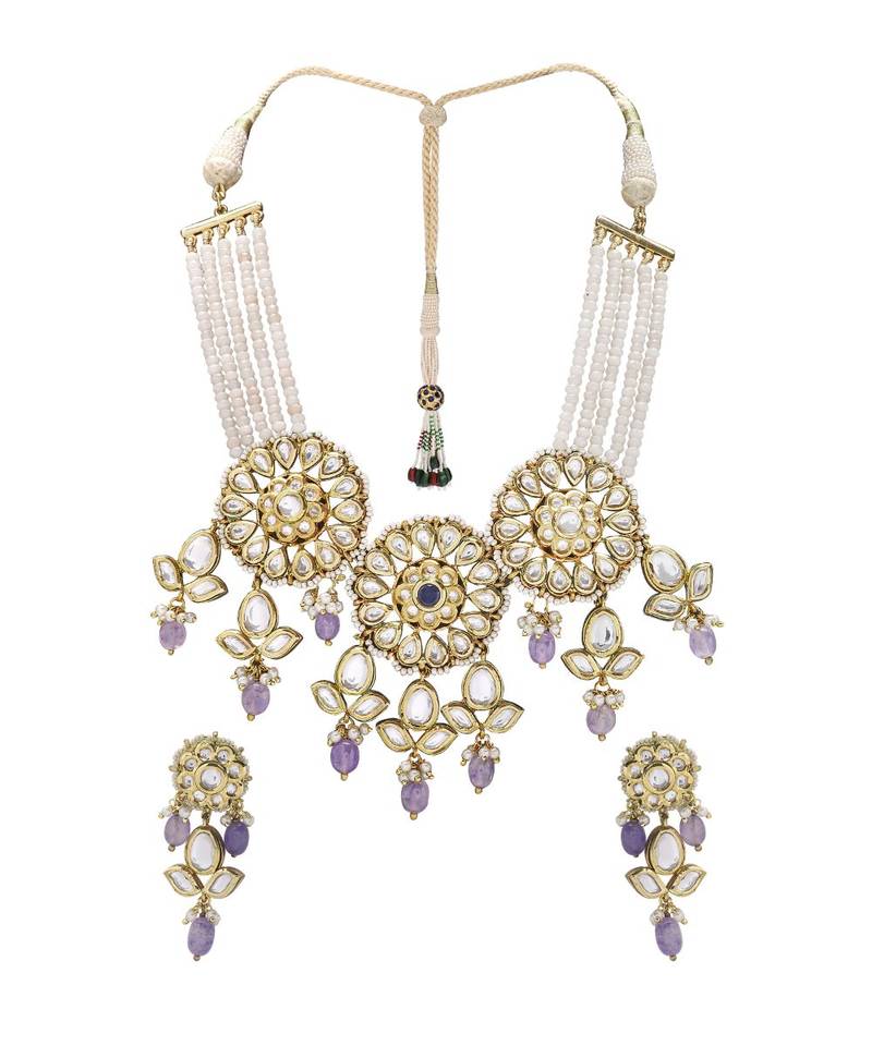 Wedding Kundan Choker & Earing Set With Amethyst Drops & Semi Precious Beads