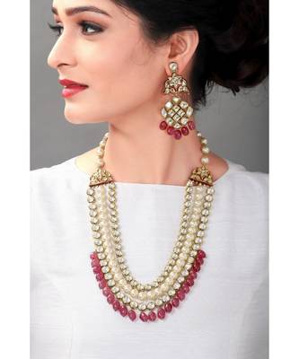Wedding Kundan Earring & Necklace Set With Red Semi Precious Drops & Pearls 1