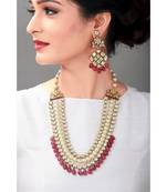Wedding Kundan Earring & Necklace Set With Red Semi Precious Drops & Pearls